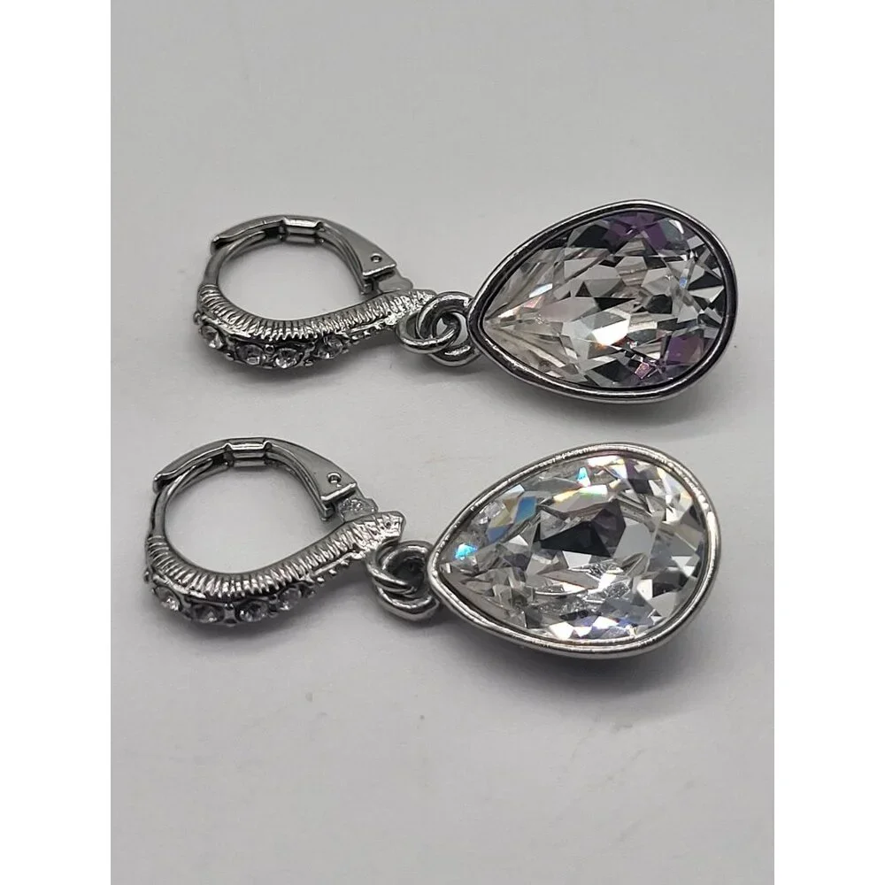 VTG Givenchy Estate Dangle Teardrop Crystal Silver Tone Clip On Earrings - Picture 2 of 6